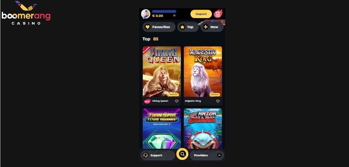 Vielfalt der Spiele in der mobilen Anwendung Boomerang